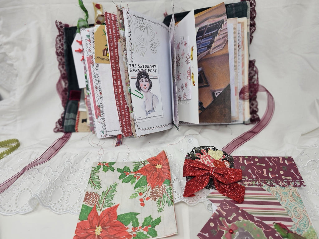 Christmas Vintage Journal- Cats & Dogs Pawlidays! Handmade Soft Cover Fabric.