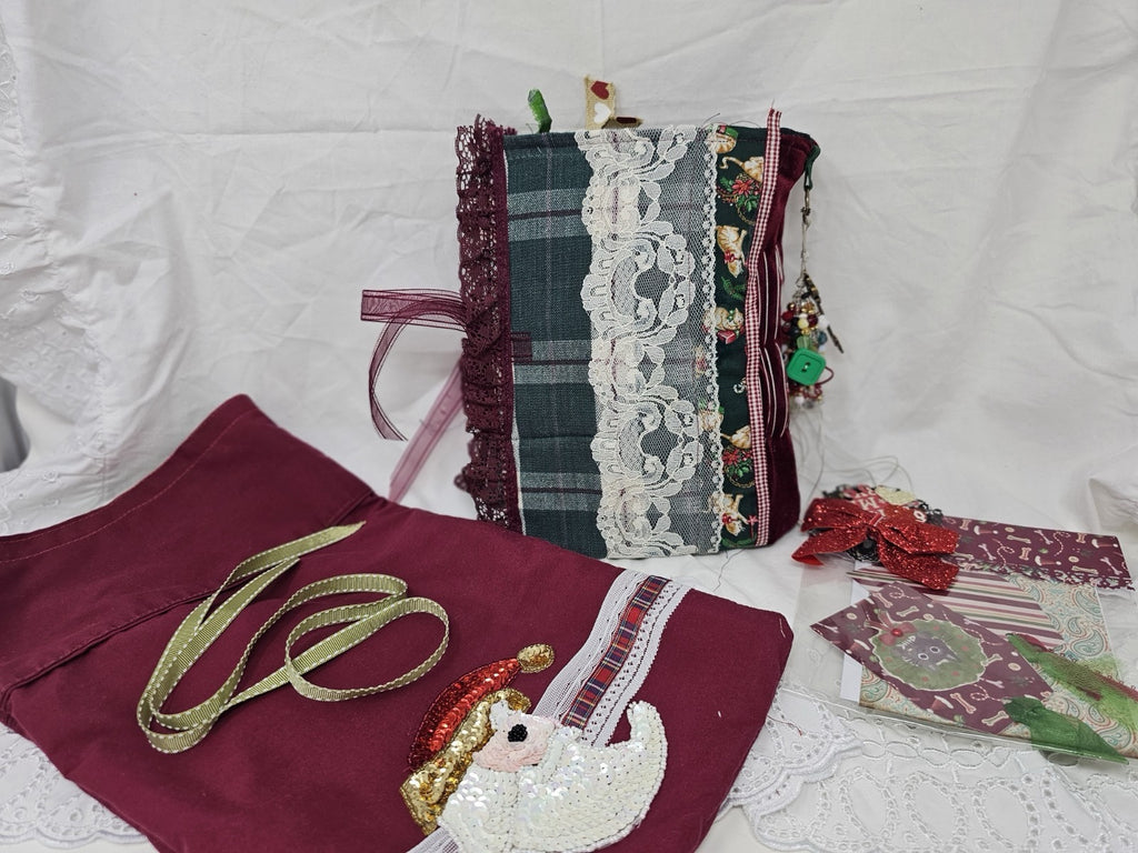 Christmas Vintage Journal- Cats & Dogs Pawlidays! Handmade Soft Cover Fabric.