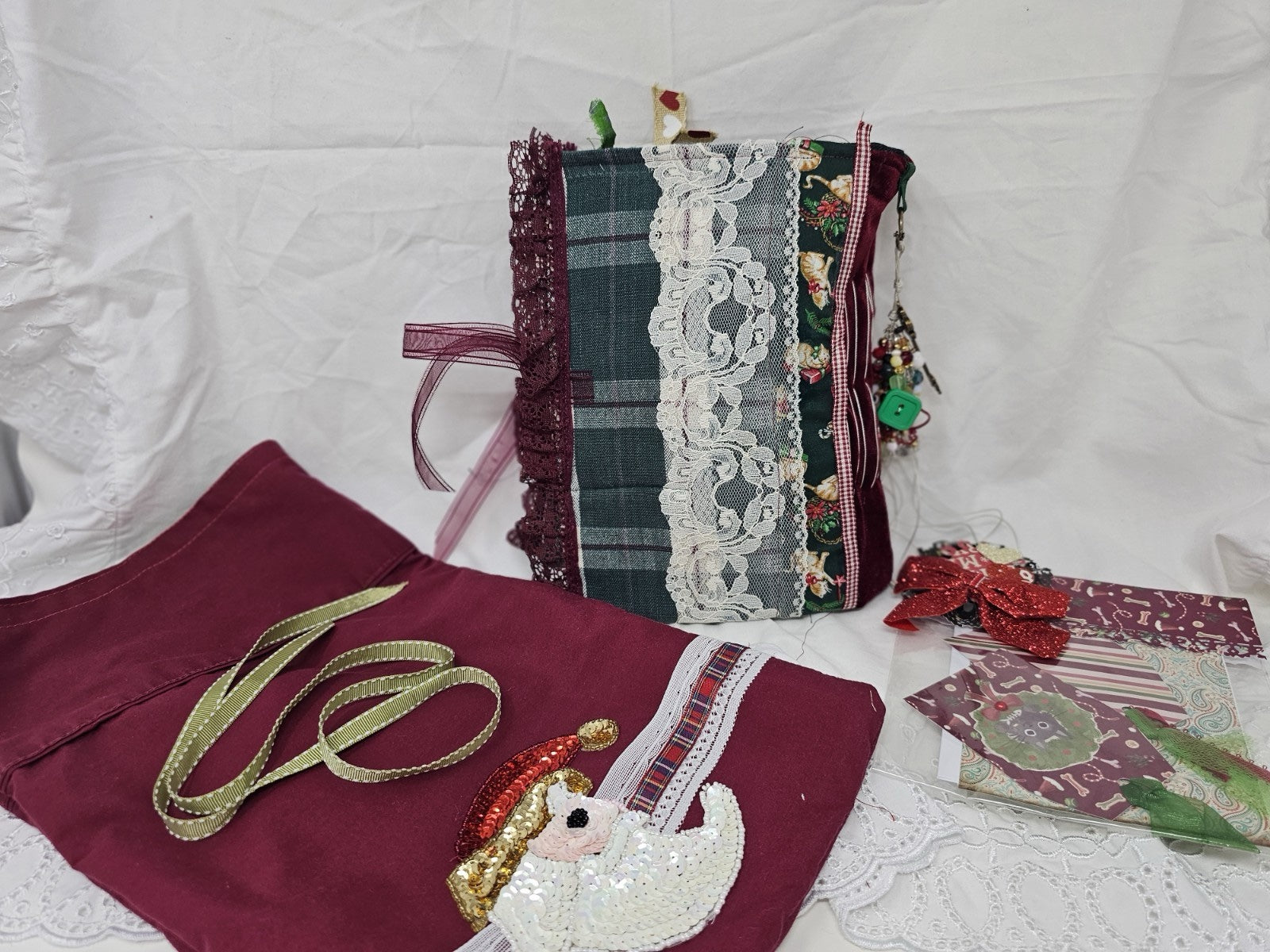 Christmas Vintage Journal- Cats & Dogs Pawlidays! Handmade Soft Cover Fabric.