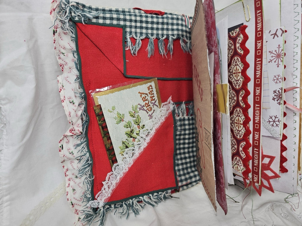 Christmas Vintage Journal- Candy Cane - Handmade Soft Cover Fabric.