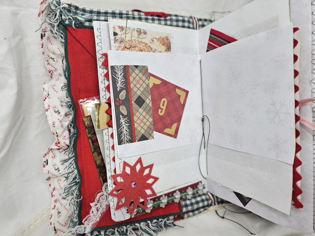 Christmas Vintage Journal- Candy Cane - Handmade Soft Cover Fabric.