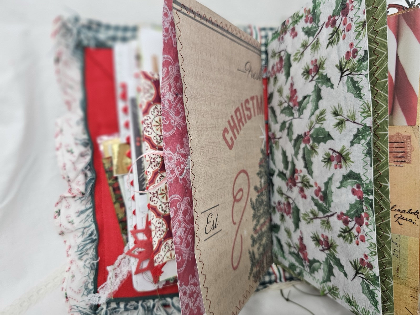 Christmas Vintage Journal- Candy Cane - Handmade Soft Cover Fabric.