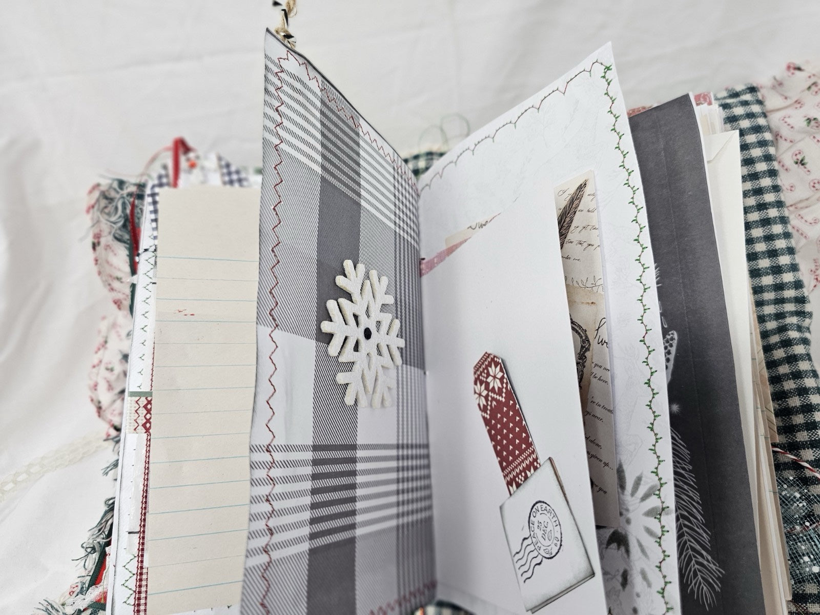 Christmas Vintage Journal- Candy Cane - Handmade Soft Cover Fabric.