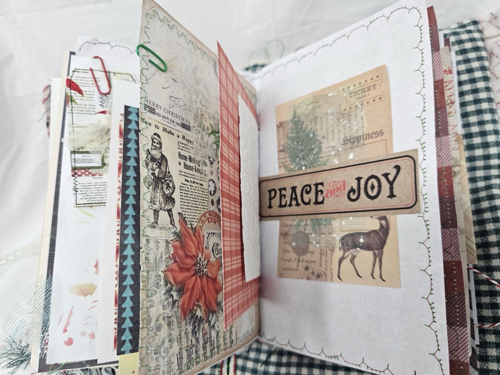 Christmas Vintage Journal- Candy Cane - Handmade Soft Cover Fabric.