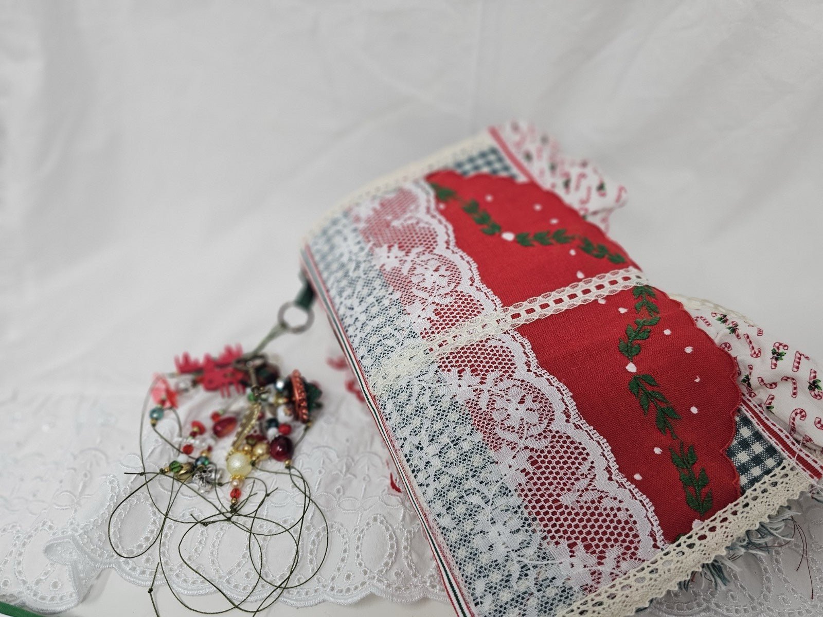 Christmas Vintage Journal- Candy Cane - Handmade Soft Cover Fabric.