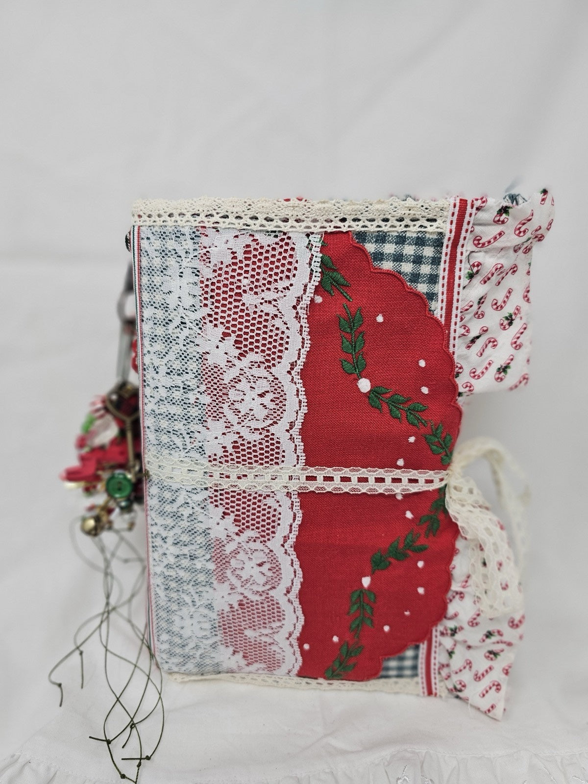 Christmas Vintage Journal- Candy Cane - Handmade Soft Cover Fabric.